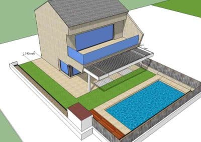 BOCETO DISEÑO PERGOLA BIOCLIMATICA ORIENTABLE PILARES DESPLAZADOS CHALET LA MORALEJA MADRID