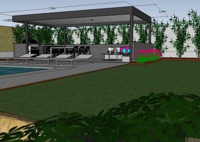 BOCETO DISEÑO PÉRGOLA BIOCLIMÁTICA CON TECHO FIJO DE PANEL SÁNDWICH CHALET TORRELODONES MADRID