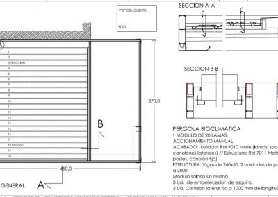 PLANO TECNICO DISEÑO PERGOLA BIOCLIMATICA ORIENTABLE MANUAL ESTRUCTURA PLANA TERRAZA MIRASIERRA MADRID
